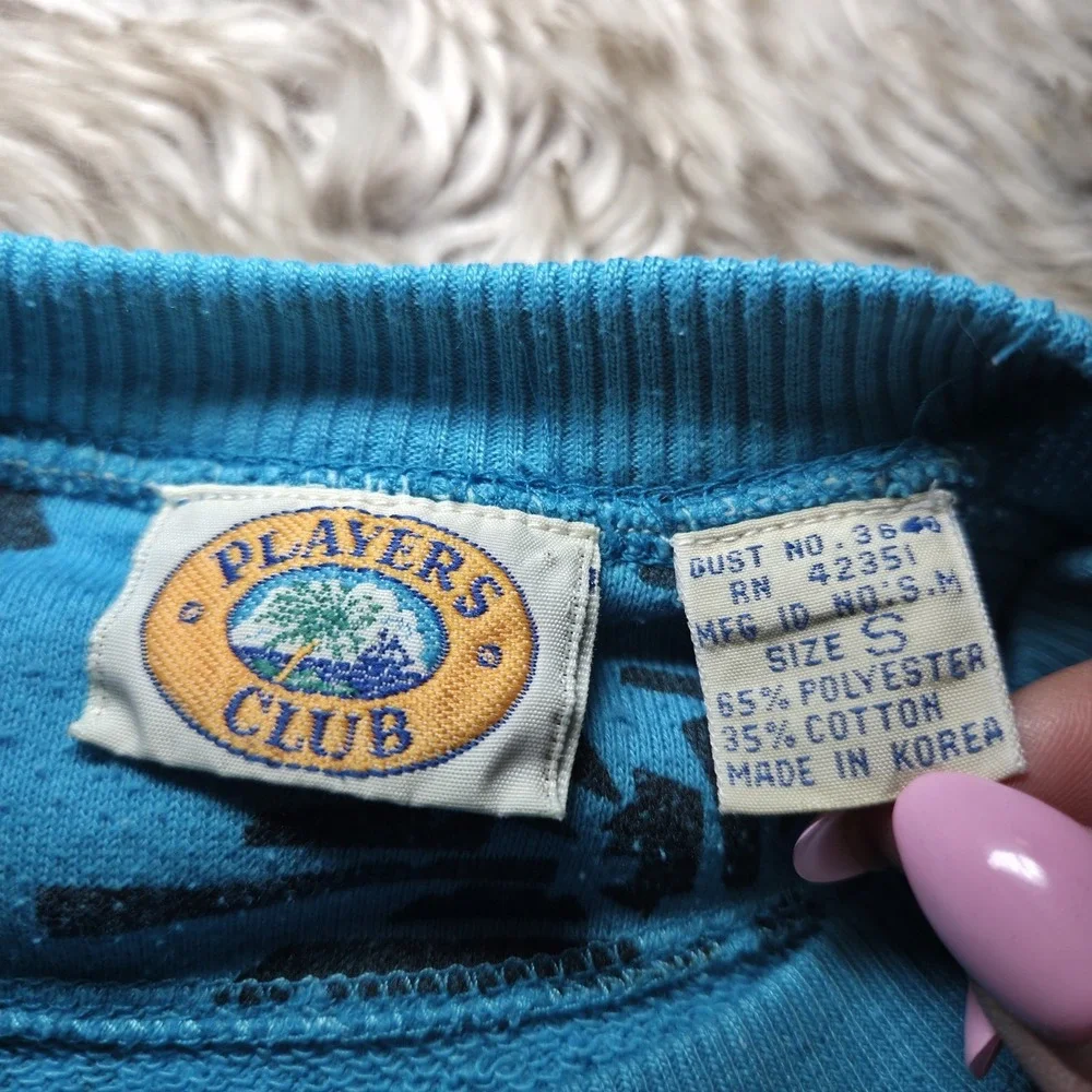 Vintage 80s Players Club Abstract‎ Print Sweatshirt Teal Blue Small AOP